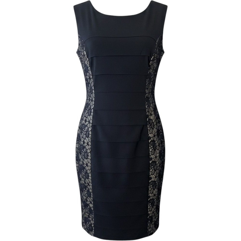 Enfocus Studio Sheath Dress Womens 6 Black Lace Side Panel Tiered Pleated 1477N